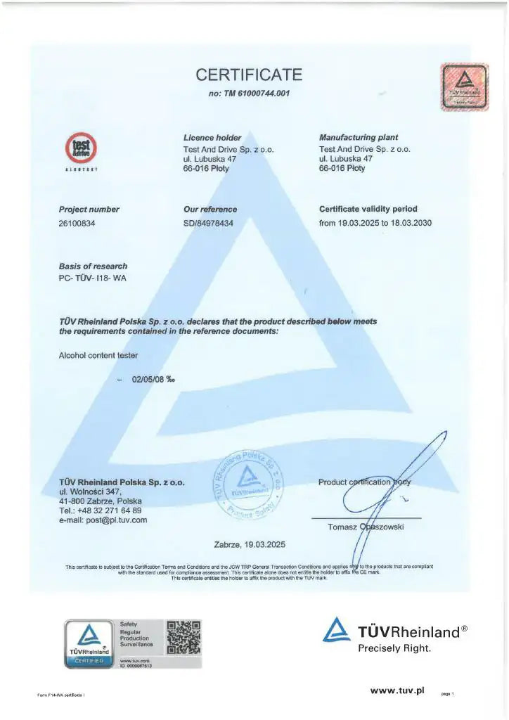 TÜV Rheinland sertifikası, no TM 61000744.001